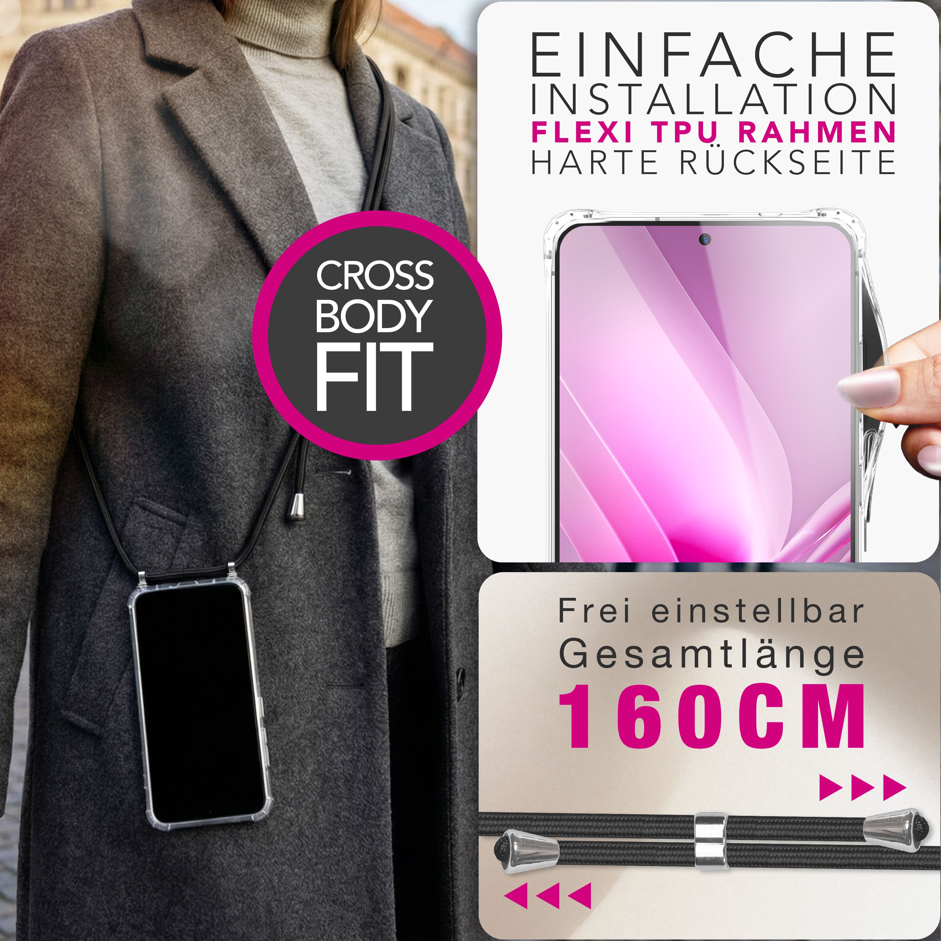 NALIA Handykette mit Hülle Samsung Galaxy S26 Ultra Case Crossbody verstellbar Mitternacht Schwarz NALIA Klare Hüllen