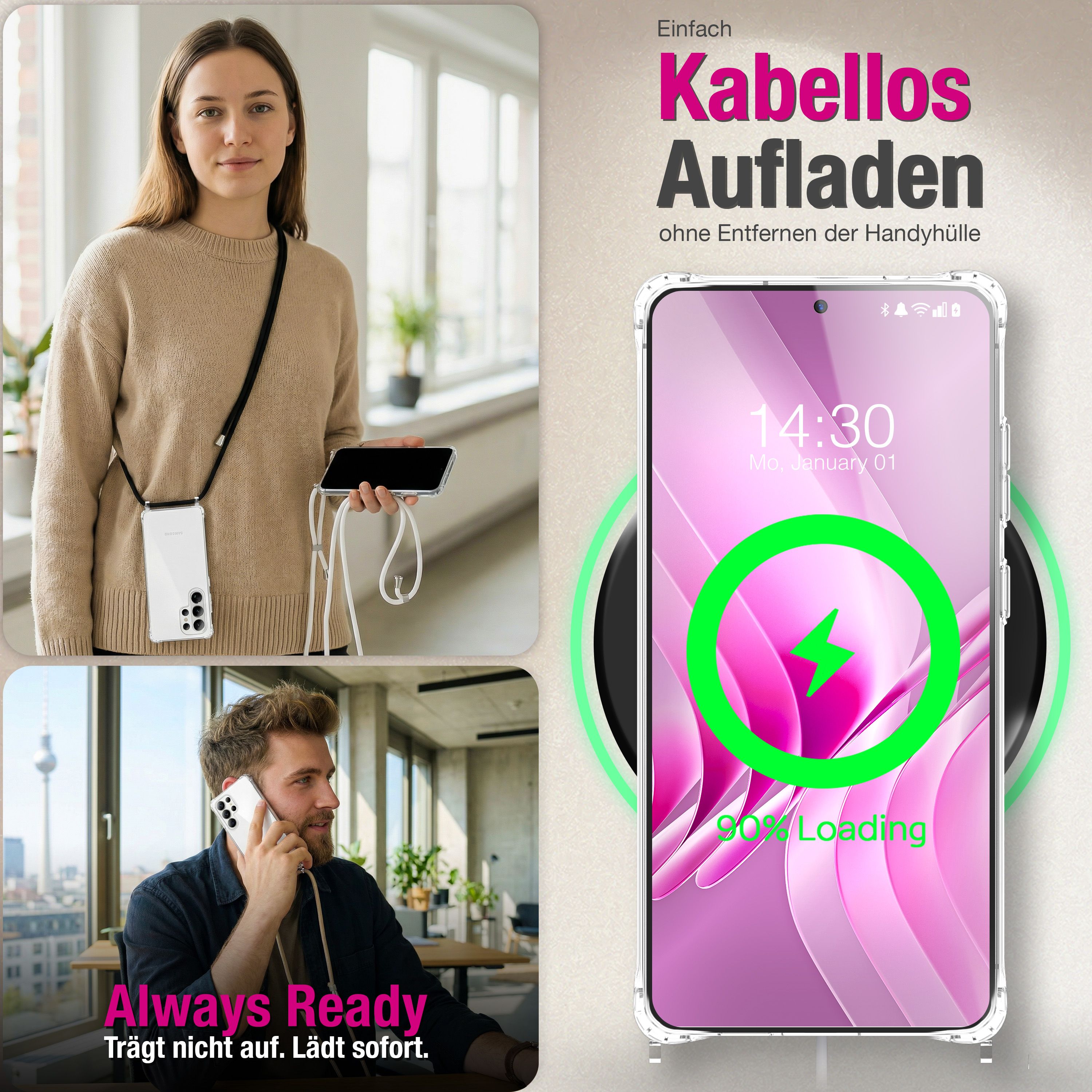 NALIA Handykette mit Hülle Samsung Galaxy S26 Ultra Case Crossbody verstellbar Mitternacht Schwarz NALIA Klare Hüllen