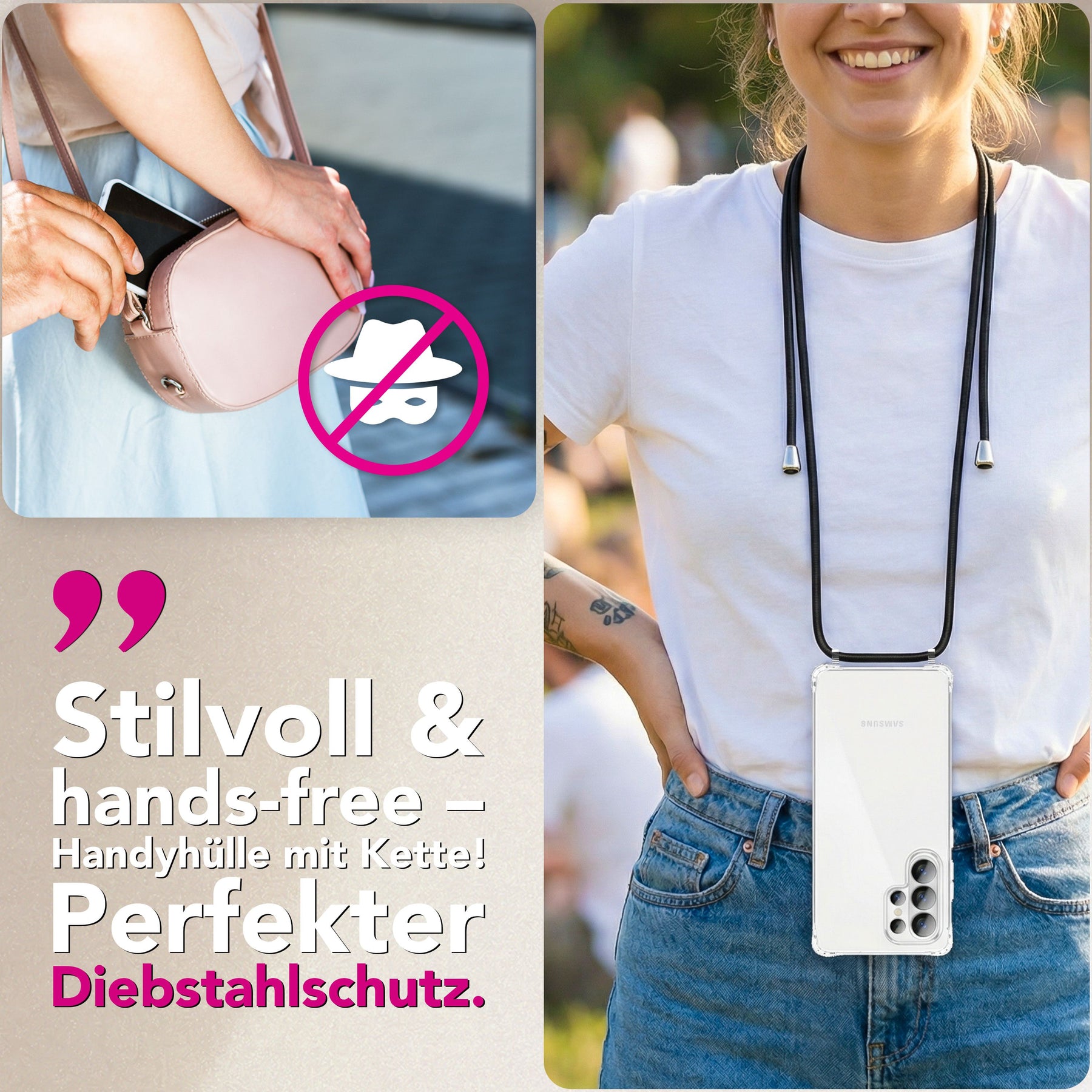 NALIA Handykette für Samsung Galaxy S26 Ultra – Transparentes Hybrid-Case & Band – HANGIT PRO (Anti-Gelb Rückseite & Verstellbar) – Marke aus Berlin Mitternacht Schwarz NALIA Klare Hüllen
