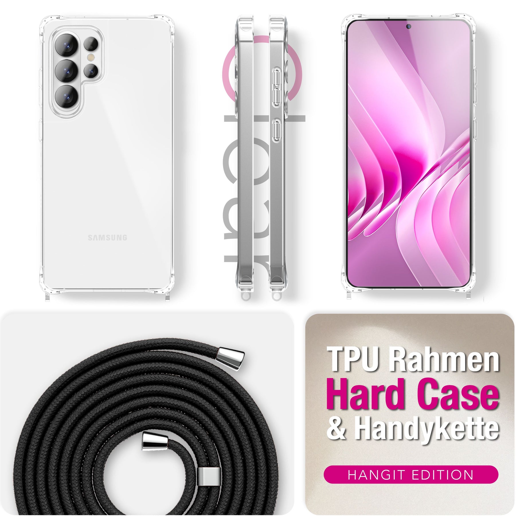 NALIA Handykette für Samsung Galaxy S26 Ultra – Transparentes Hybrid-Case & Band – HANGIT PRO (Anti-Gelb Rückseite & Verstellbar) – Marke aus Berlin Mitternacht Schwarz NALIA Klare Hüllen