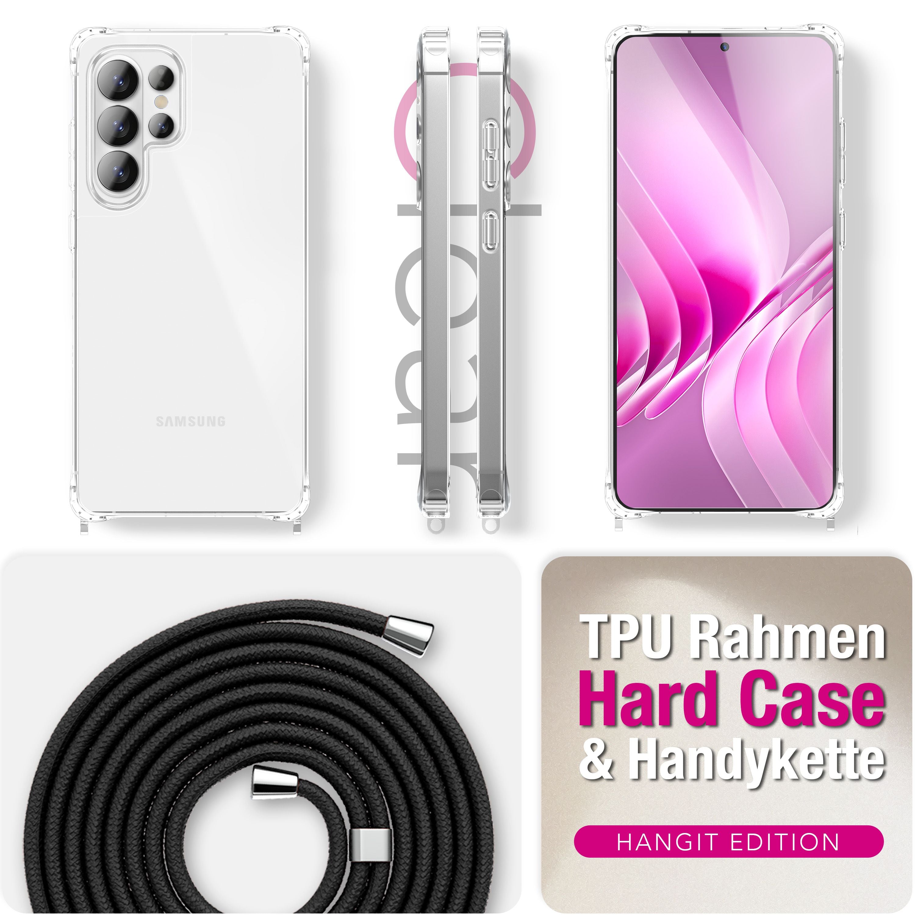 NALIA Handykette mit Hülle Samsung Galaxy S26 Ultra Case Crossbody verstellbar Mitternacht Schwarz NALIA Klare Hüllen
