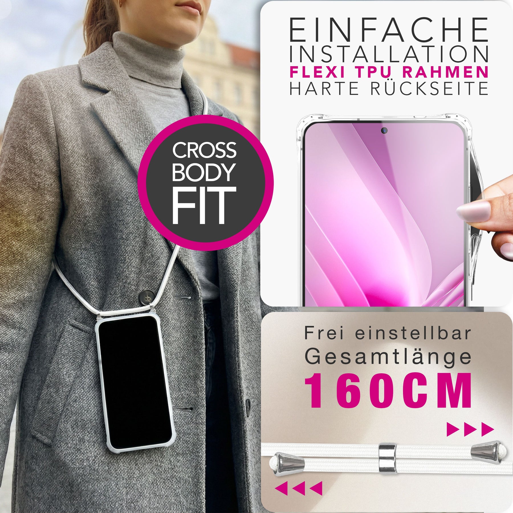 NALIA Handykette für Samsung Galaxy S26 Ultra – Transparentes Hybrid-Case & Band – HANGIT PRO (Anti-Gelb Rückseite & Verstellbar) – Marke aus Berlin Mondweiß NALIA Klare Hüllen