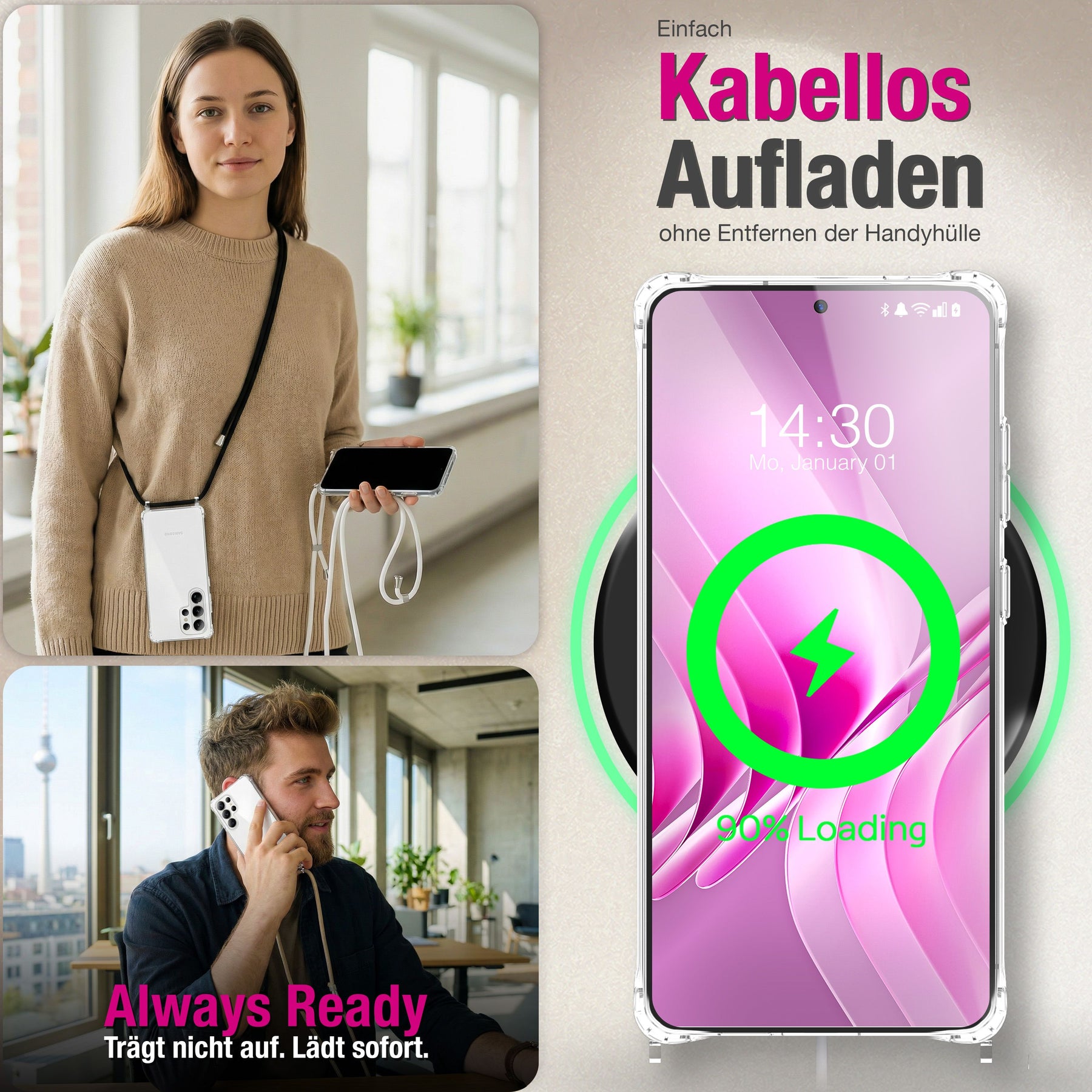 NALIA Handykette für Samsung Galaxy S26 Ultra – Transparentes Hybrid-Case & Band – HANGIT PRO (Anti-Gelb Rückseite & Verstellbar) – Marke aus Berlin Mondweiß NALIA Klare Hüllen