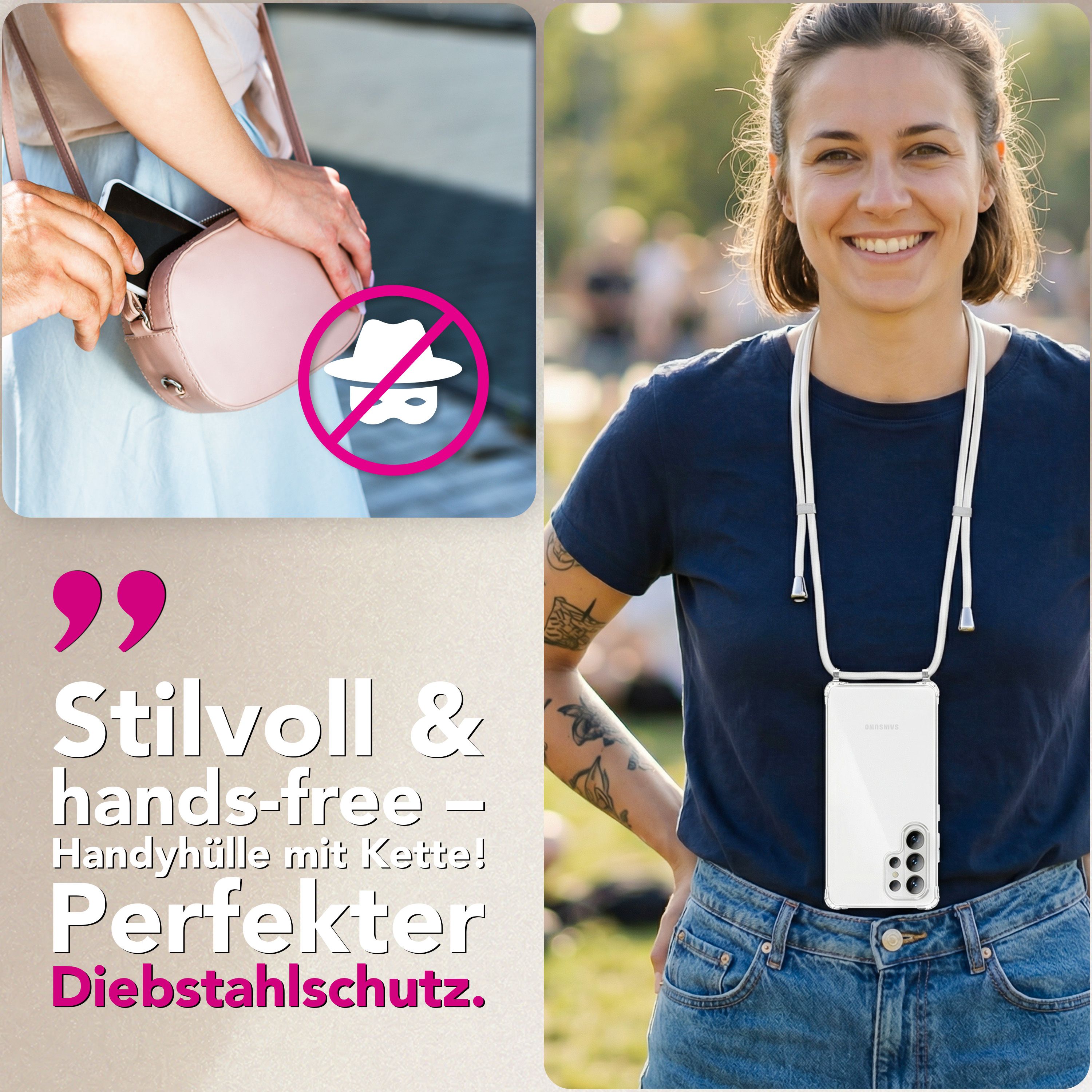 NALIA Handykette mit Hülle Samsung Galaxy S26 Ultra Case Crossbody verstellbar Mondweiß NALIA Klare Hüllen