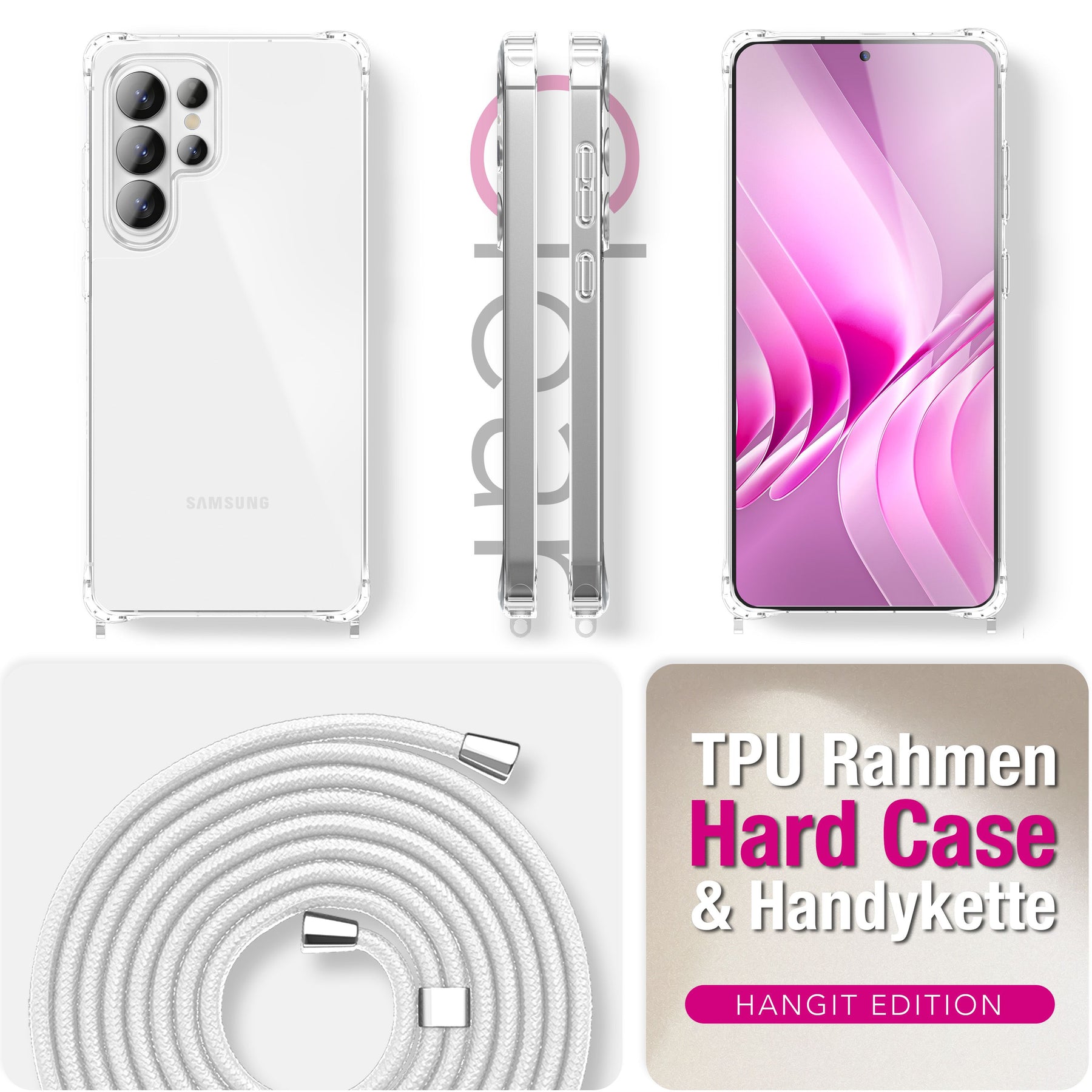 NALIA Handykette für Samsung Galaxy S26 Ultra – Transparentes Hybrid-Case & Band – HANGIT PRO (Anti-Gelb Rückseite & Verstellbar) – Marke aus Berlin Mondweiß NALIA Klare Hüllen