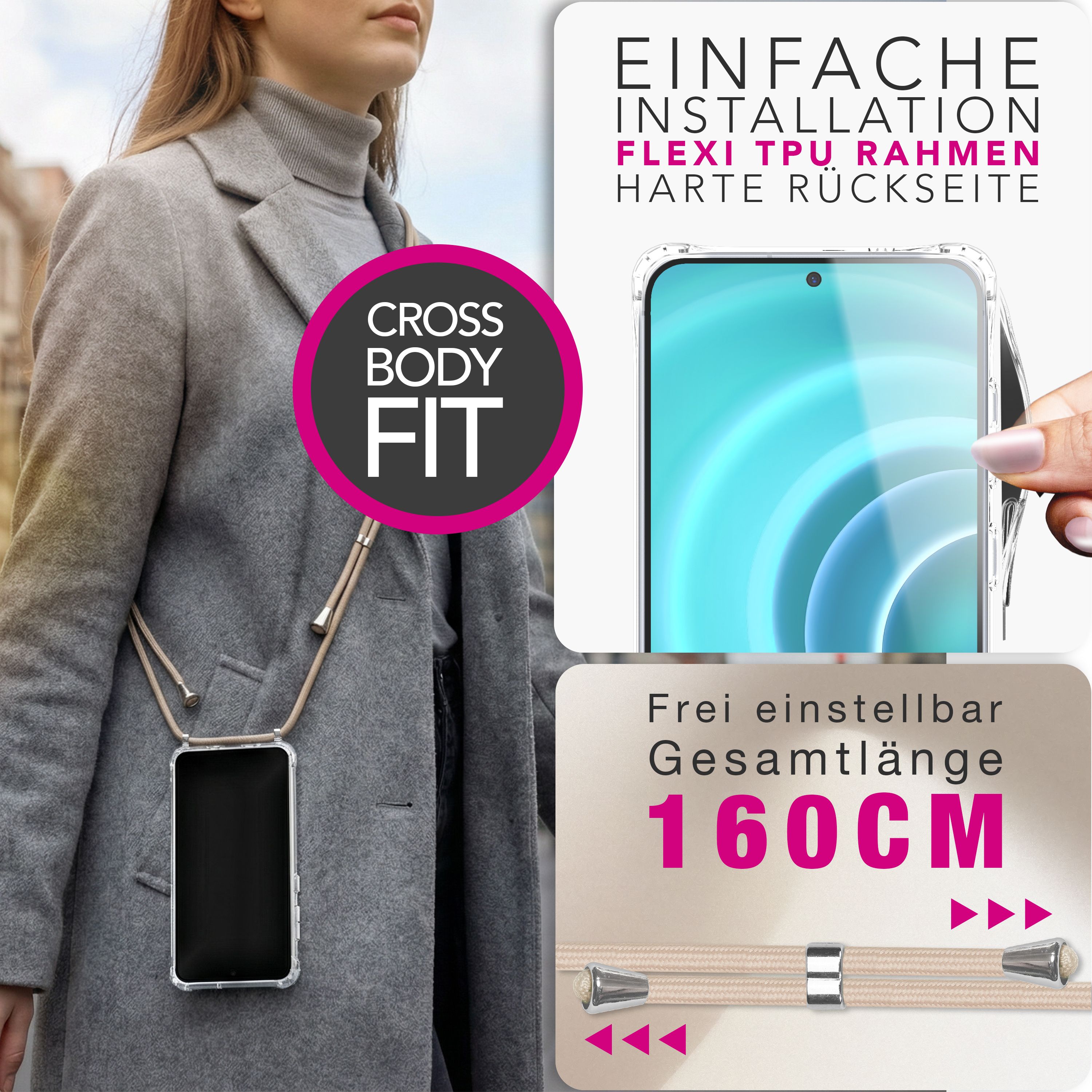 NALIA Handykette mit Hülle Samsung Galaxy A37 Case Crossbody verstellbar Sandstein Beige NALIA Klare Hüllen