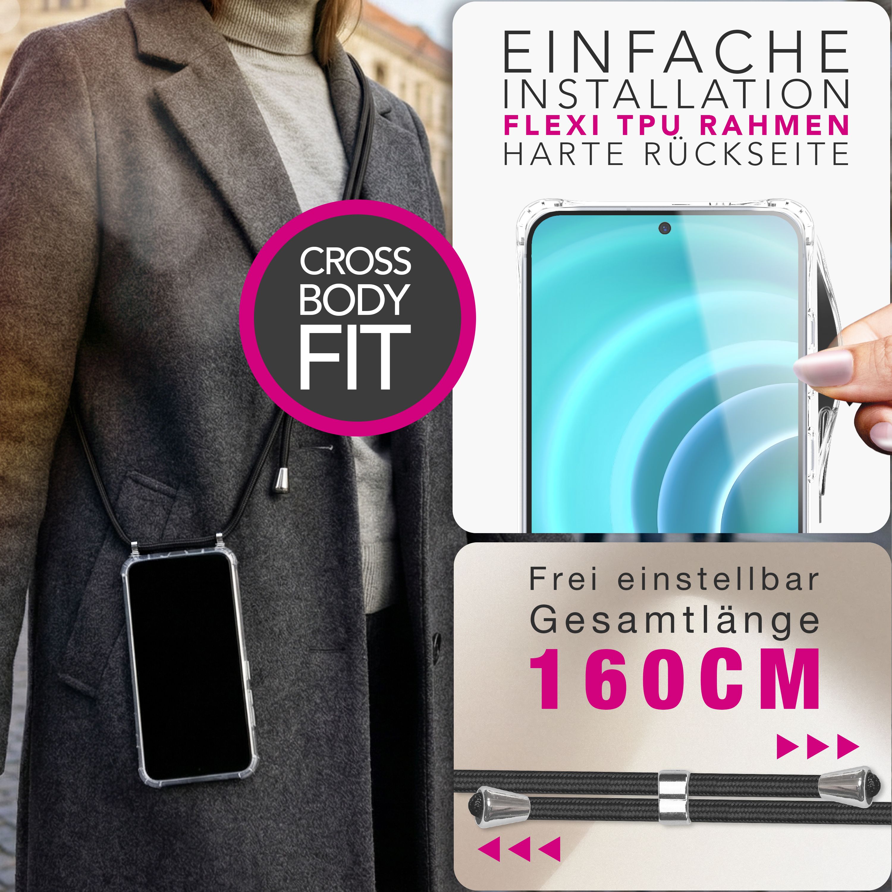 NALIA Handykette mit Hülle Samsung Galaxy A37 Case Crossbody verstellbar Mitternacht Schwarz NALIA Klare Hüllen