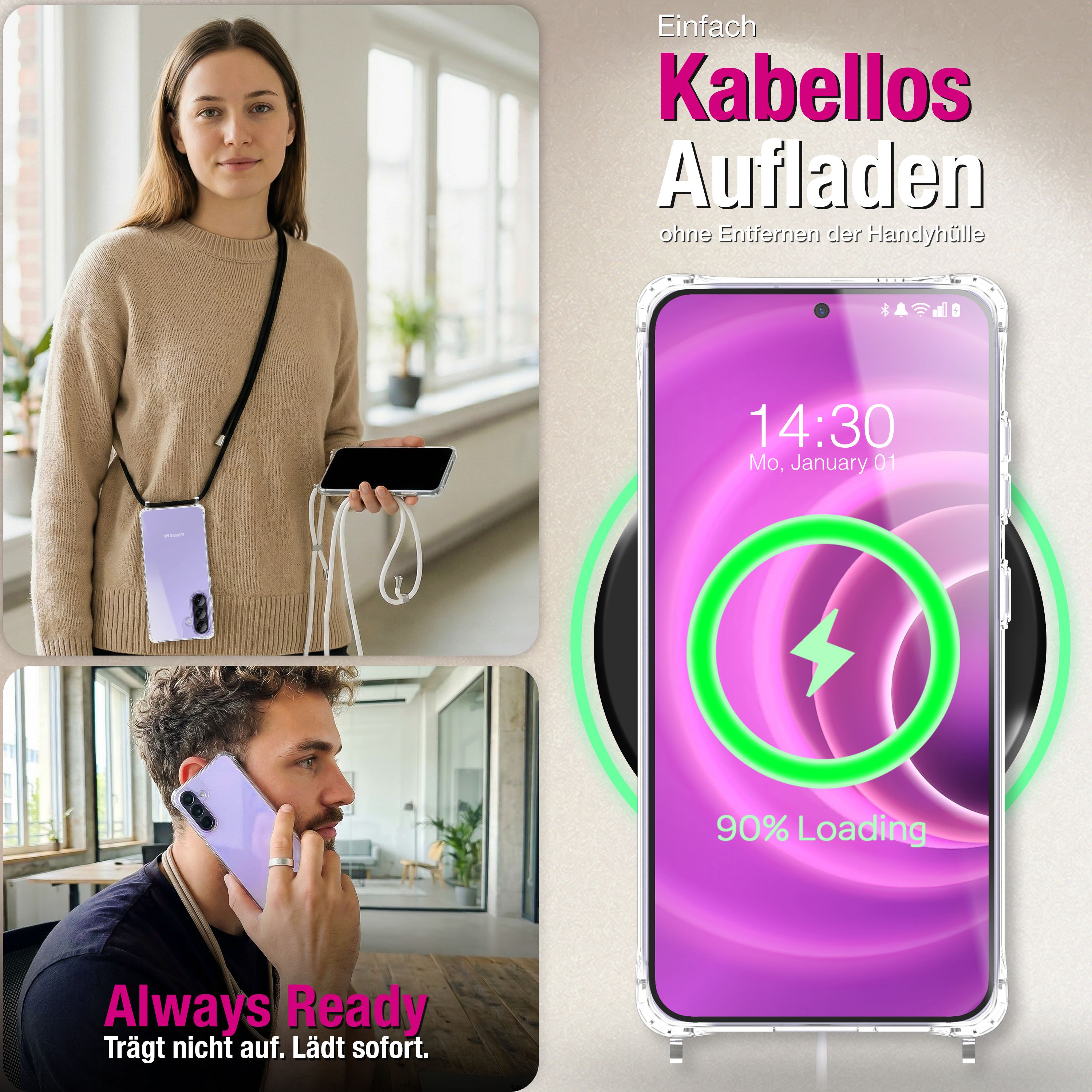 NALIA Handykette mit Hülle Samsung Galaxy A57 Case Crossbody verstellbar Sandstein Beige NALIA Klare Hüllen