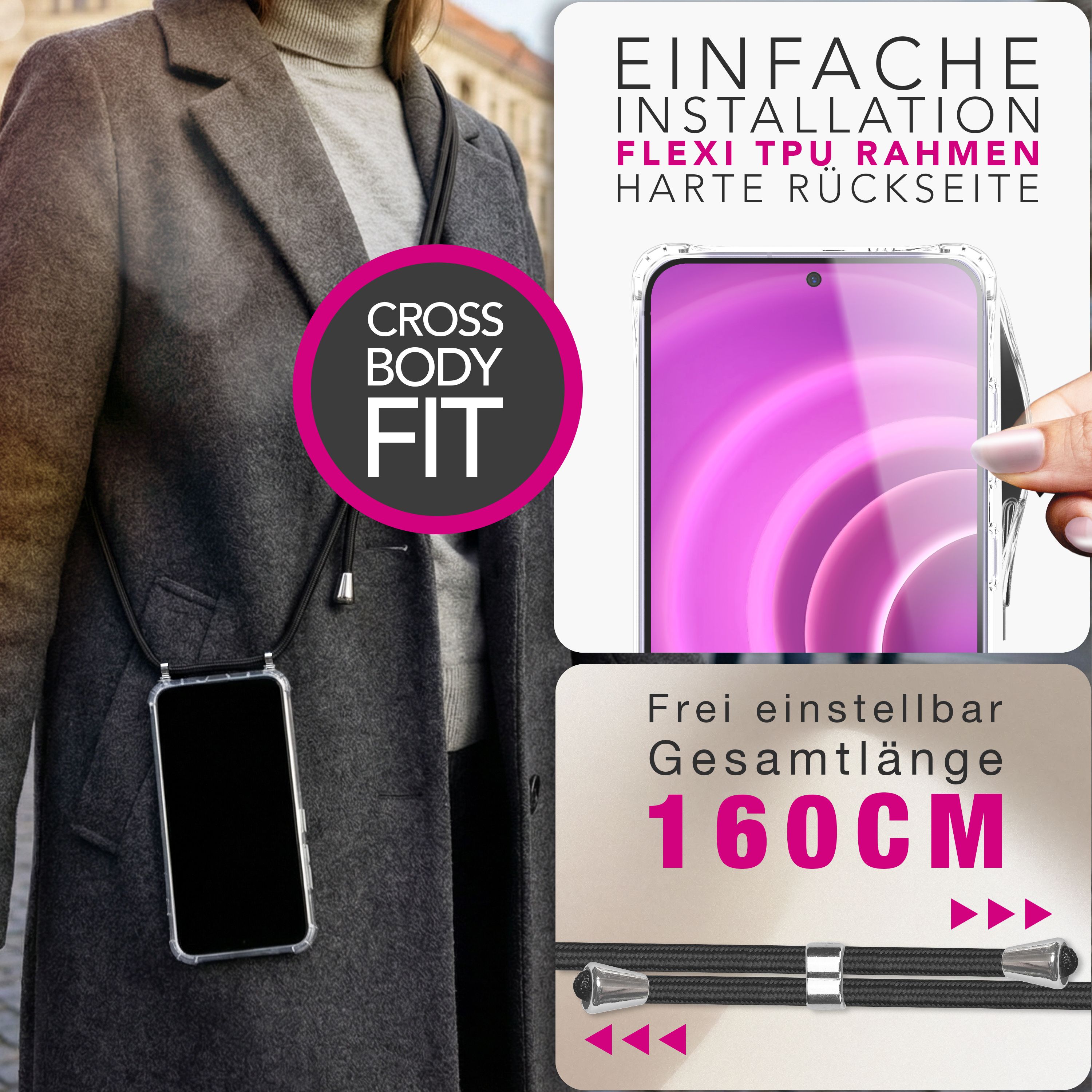 NALIA Handykette mit Hülle Samsung Galaxy A57 Case Crossbody verstellbar Mitternacht Schwarz NALIA Klare Hüllen