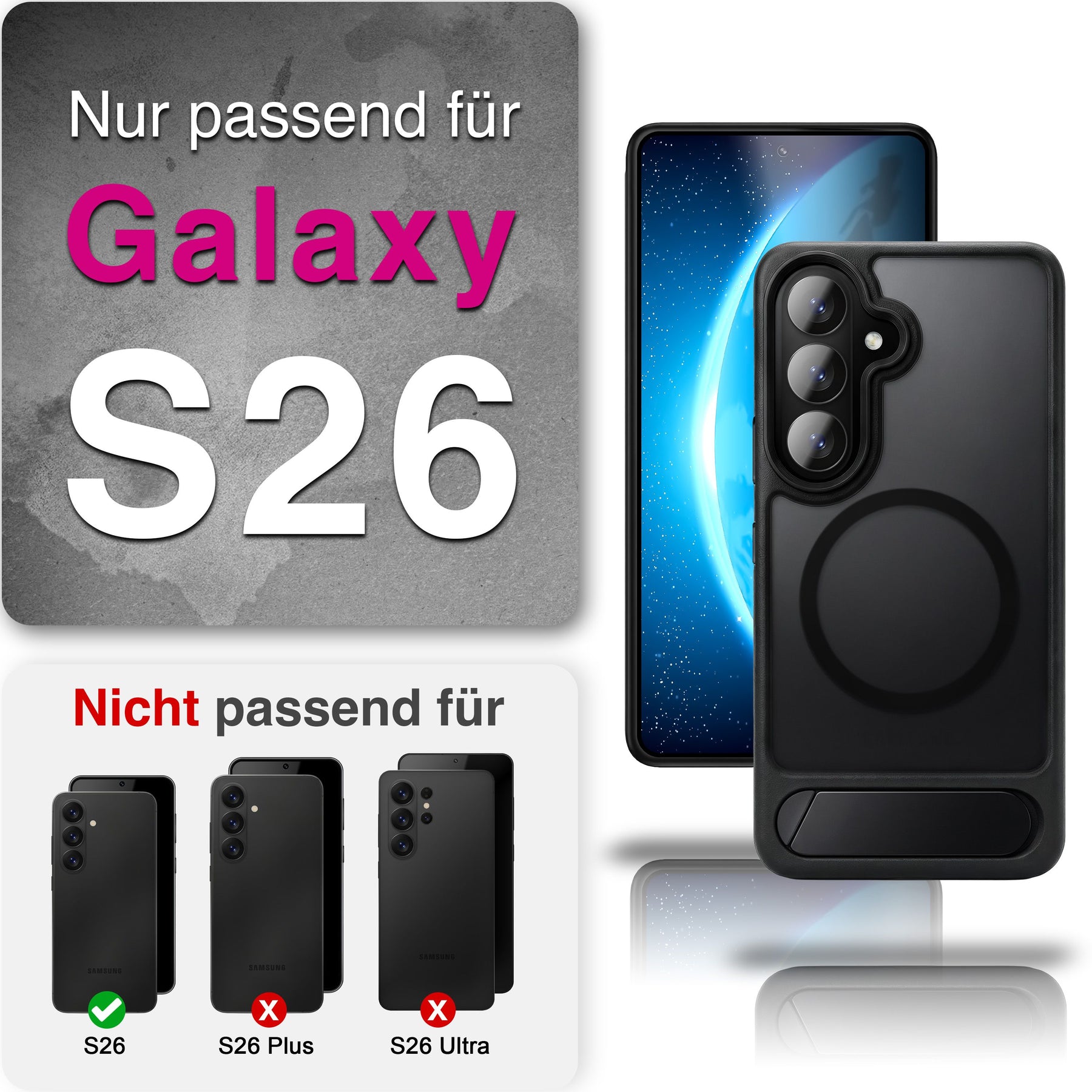 NALIA Mattes Magnet-Hardcase für Samsung Galaxy S26 – MagSafe kompatibel & Klappständer – TRITON (Stoßfeste Anti-Gelb Handyhülle) – Marke aus Berlin