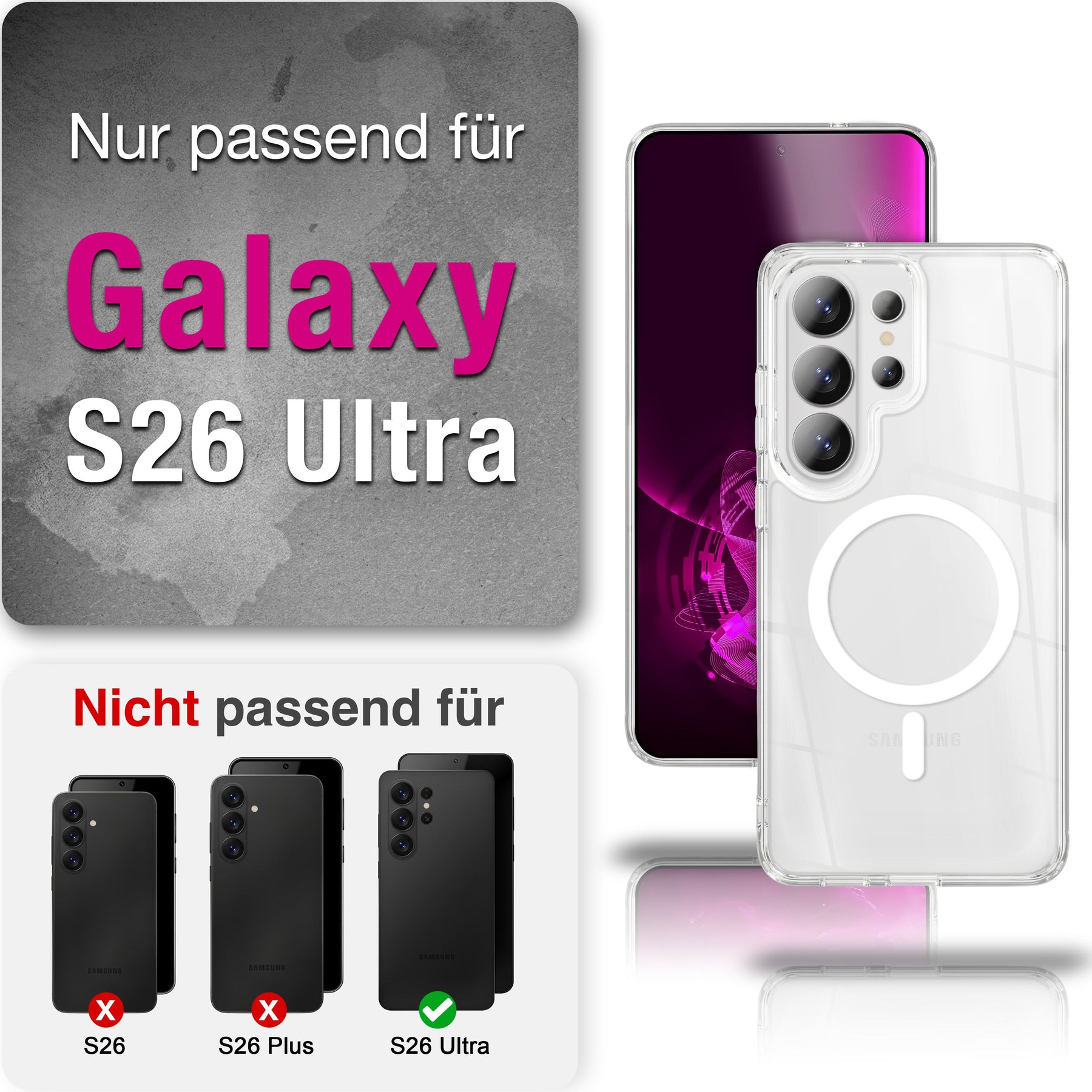 NALIA Transparentes Magnet Case für Samsung Galaxy S26 Ultra – MagPower System (MagSafe kompatibel) – LUMEX (Edle Glas-Optik, aber unzerbrechlich) – Marke aus Berlin