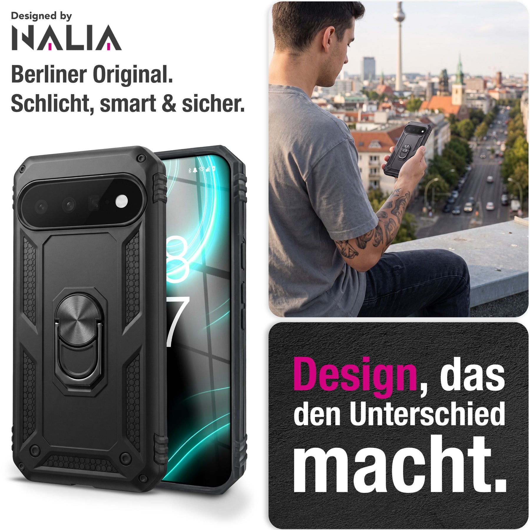 NALIA Panzerhülle für Google Pixel 11 / 11 Pro – Ring-Ständer 360° & Magnet-Halterung Kompatibel – RINGDEFEND (Stoßfestes Outdoor Case) – Marke aus Berlin