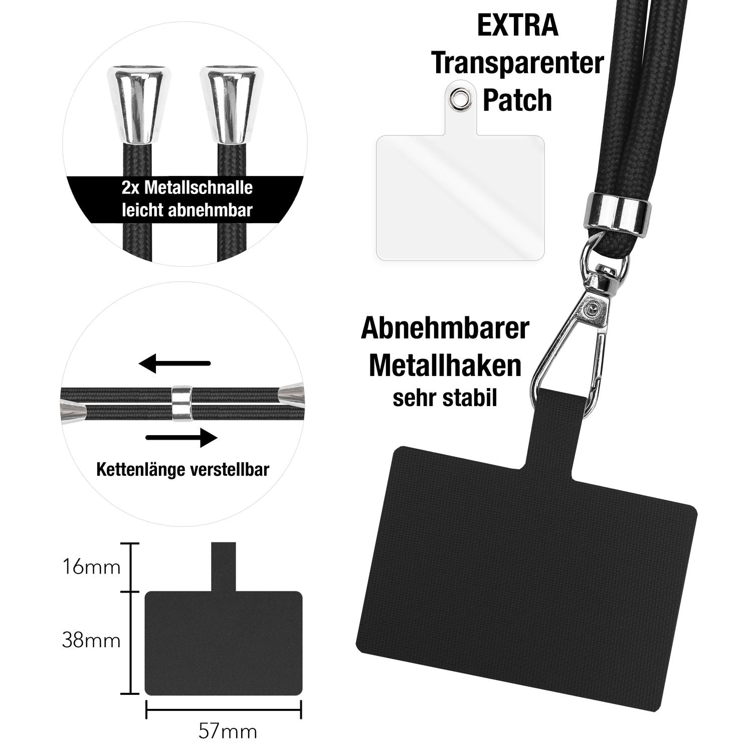 NALIA Universal-Kette mit Pad, Band für Handy-Hülle zum Umhängen, Karabinerhaken aus Metall (silber), Schlüsselband Umhängeband 160 CM, Crossbody Lanyard Schwarz NALIA Universal Handykette