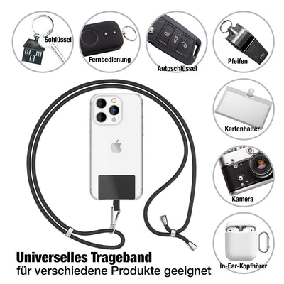 NALIA Universal Handykette für alle Smartphones – Robuste Kordel & 2 Patches – HOLDME AIR (Klassisches Lanyard mit Silbernem Karabiner) – Marke aus Berlin Schwarz NALIA Universal Handykette