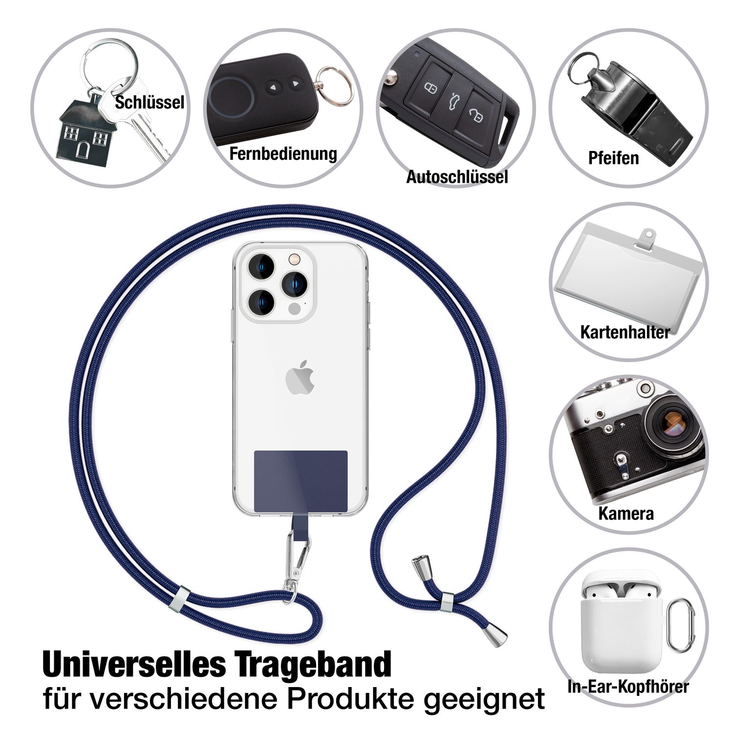 NALIA Universal-Kette mit Pad, Band für Handy-Hülle zum Umhängen, Karabinerhaken aus Metall (silber), Schlüsselband Umhängeband 160 CM, Crossbody Lanyard Dunkelblau NALIA Universal Handykette