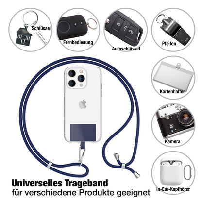 NALIA Universal-Kette mit Pad, Band für Handy-Hülle zum Umhängen, Karabinerhaken aus Metall (silber), Schlüsselband Umhängeband 160 CM, Crossbody Lanyard Dunkelblau NALIA Universal Handykette