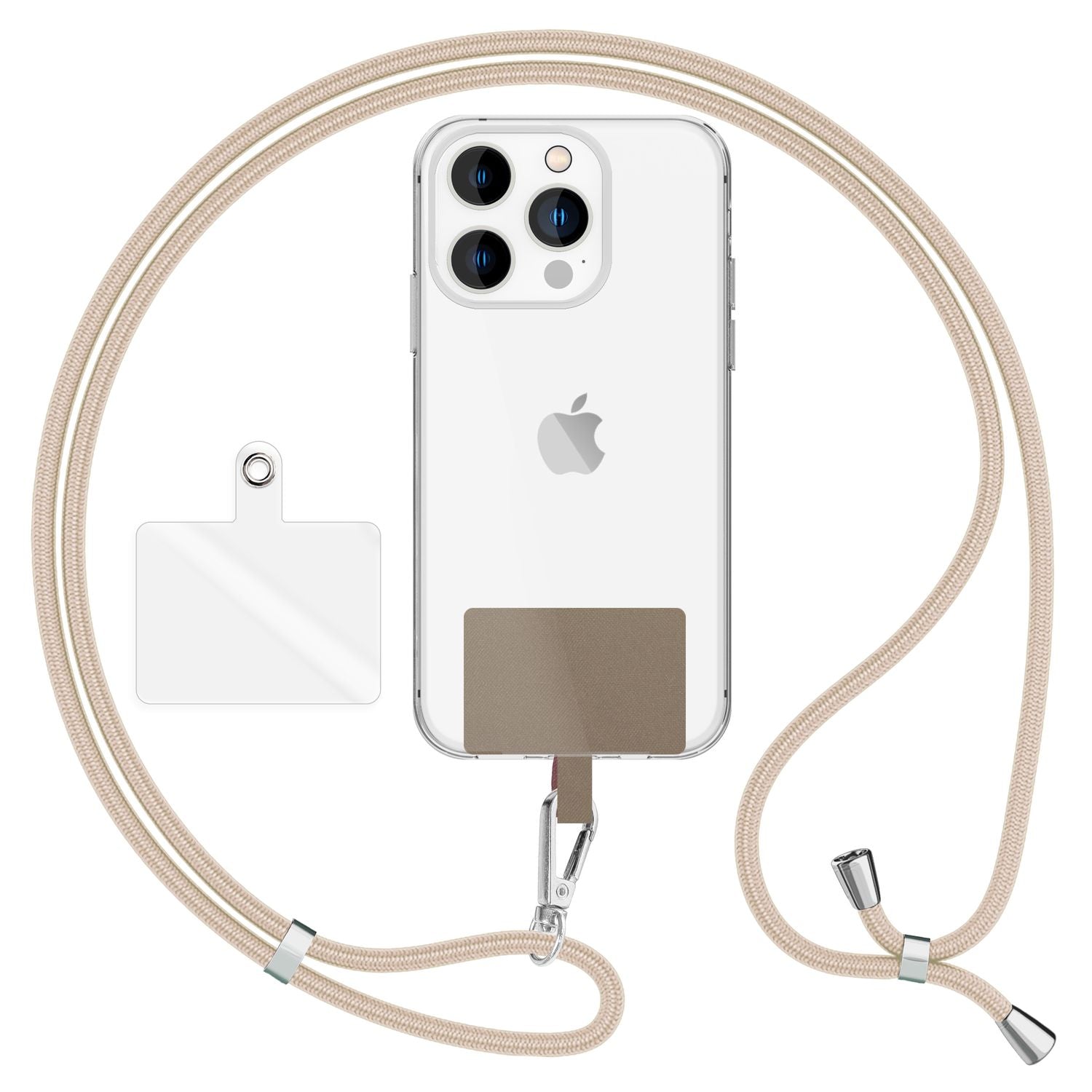 NALIA Universal-Kette mit Pad, Band für Handy-Hülle zum Umhängen, Karabinerhaken aus Metall (silber), Schlüsselband Umhängeband 160 CM, Crossbody Lanyard Weiß Beige NALIA Universal Handykette