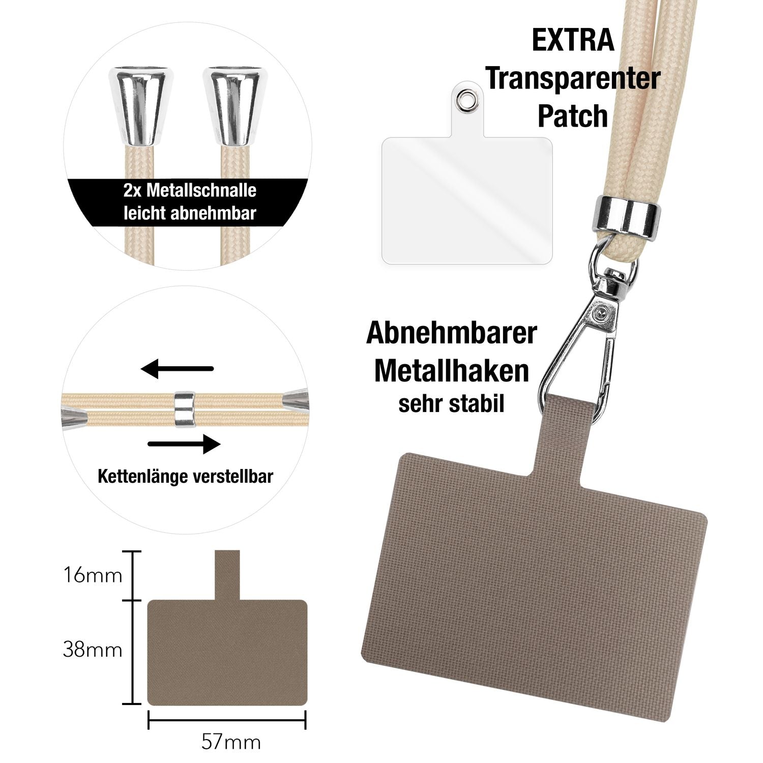 NALIA Universal-Kette mit Pad, Band für Handy-Hülle zum Umhängen, Karabinerhaken aus Metall (silber), Schlüsselband Umhängeband 160 CM, Crossbody Lanyard Weiß Beige NALIA Universal Handykette