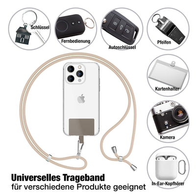 NALIA Universal Handykette für alle Smartphones – Robuste Kordel & 2 Patches – HOLDME AIR (Klassisches Lanyard mit Silbernem Karabiner) – Marke aus Berlin Weiß Beige NALIA Universal Handykette
