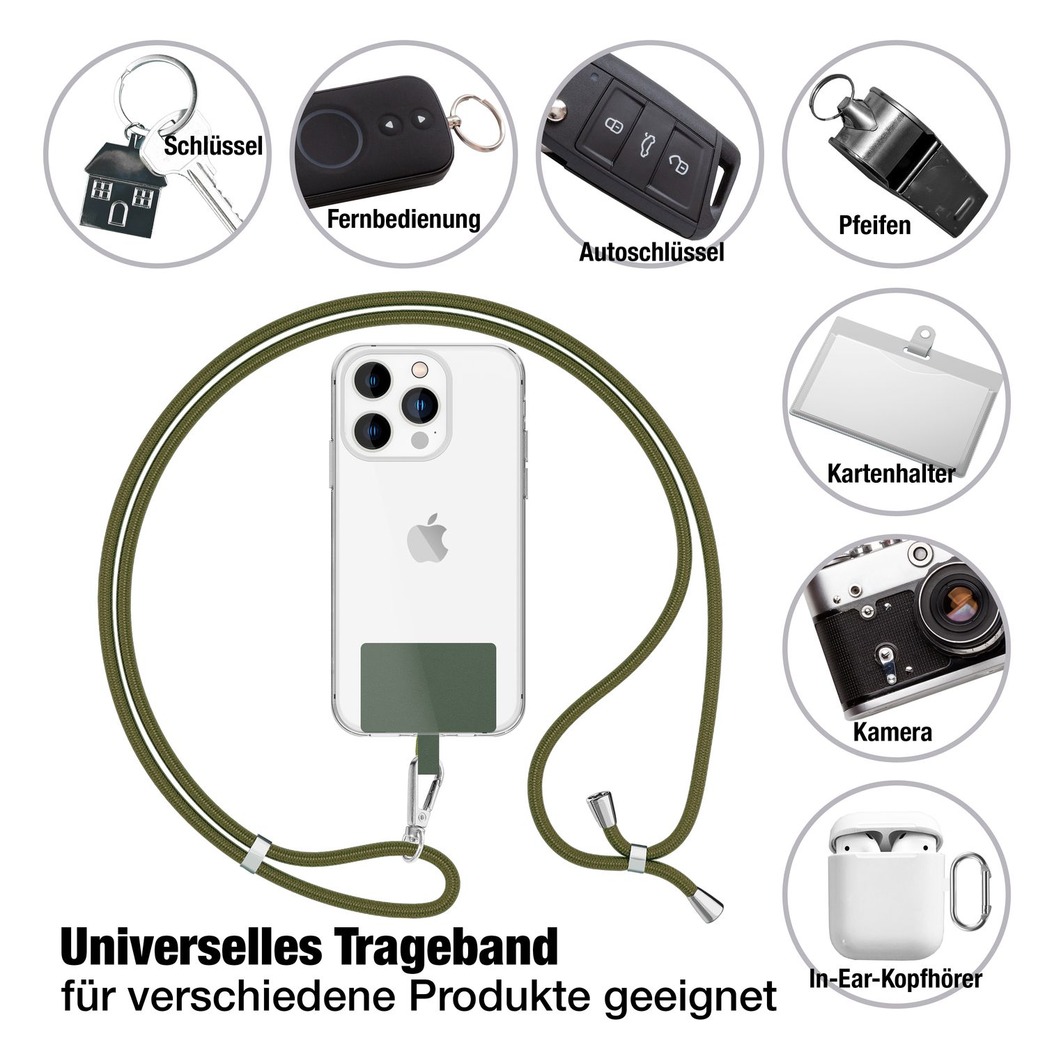 NALIA Universal-Kette mit Pad, Band für Handy-Hülle zum Umhängen, Karabinerhaken aus Metall (silber), Schlüsselband Umhängeband 160 CM, Crossbody Lanyard Oliv Grün NALIA Universal Handykette