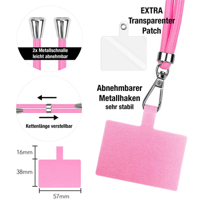 NALIA Universal Handykette für alle Smartphones – Robuste Kordel & 2 Patches – HOLDME AIR (Klassisches Lanyard mit Silbernem Karabiner) – Marke aus Berlin Rosa NALIA Universal Handykette