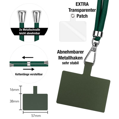 NALIA Universal Handykette für alle Smartphones – Robuste Kordel & 2 Patches – HOLDME AIR (Klassisches Lanyard mit Silbernem Karabiner) – Marke aus Berlin Dunkel-Grün NALIA Universal Handykette
