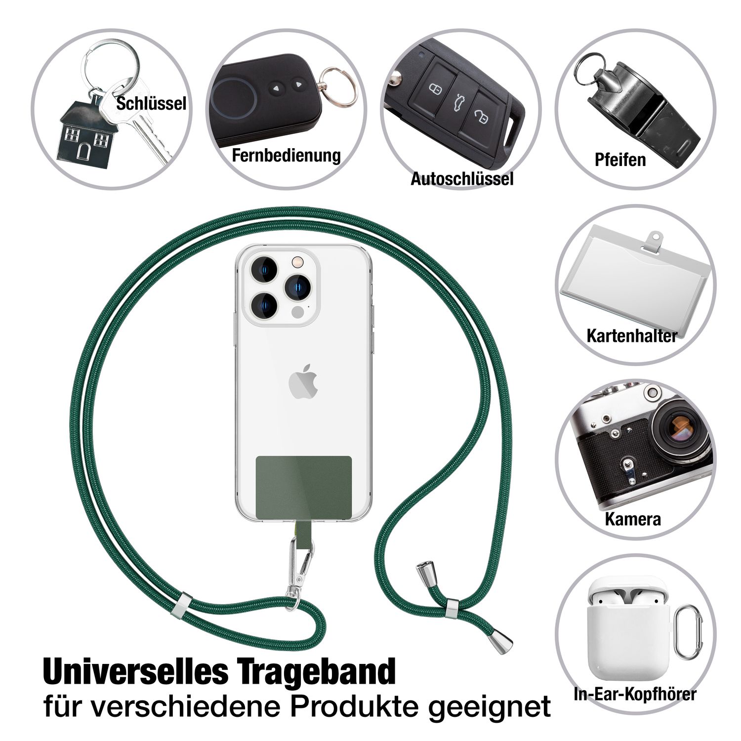 NALIA Universal-Kette mit Pad, Band für Handy-Hülle zum Umhängen, Karabinerhaken aus Metall (silber), Schlüsselband Umhängeband 160 CM, Crossbody Lanyard Dunkel-Grün NALIA Universal Handykette