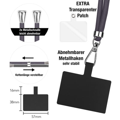 NALIA Universal Handykette für alle Smartphones – Robuste Kordel & 2 Patches – HOLDME AIR (Klassisches Lanyard mit Silbernem Karabiner) – Marke aus Berlin Dunkelgrau NALIA Universal Handykette