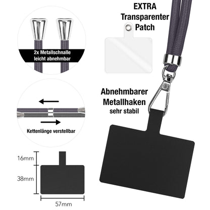 NALIA Universal-Kette mit Pad, Band für Handy-Hülle zum Umhängen, Karabinerhaken aus Metall (silber), Schlüsselband Umhängeband 160 CM, Crossbody Lanyard Dunkelgrau NALIA Universal Handykette