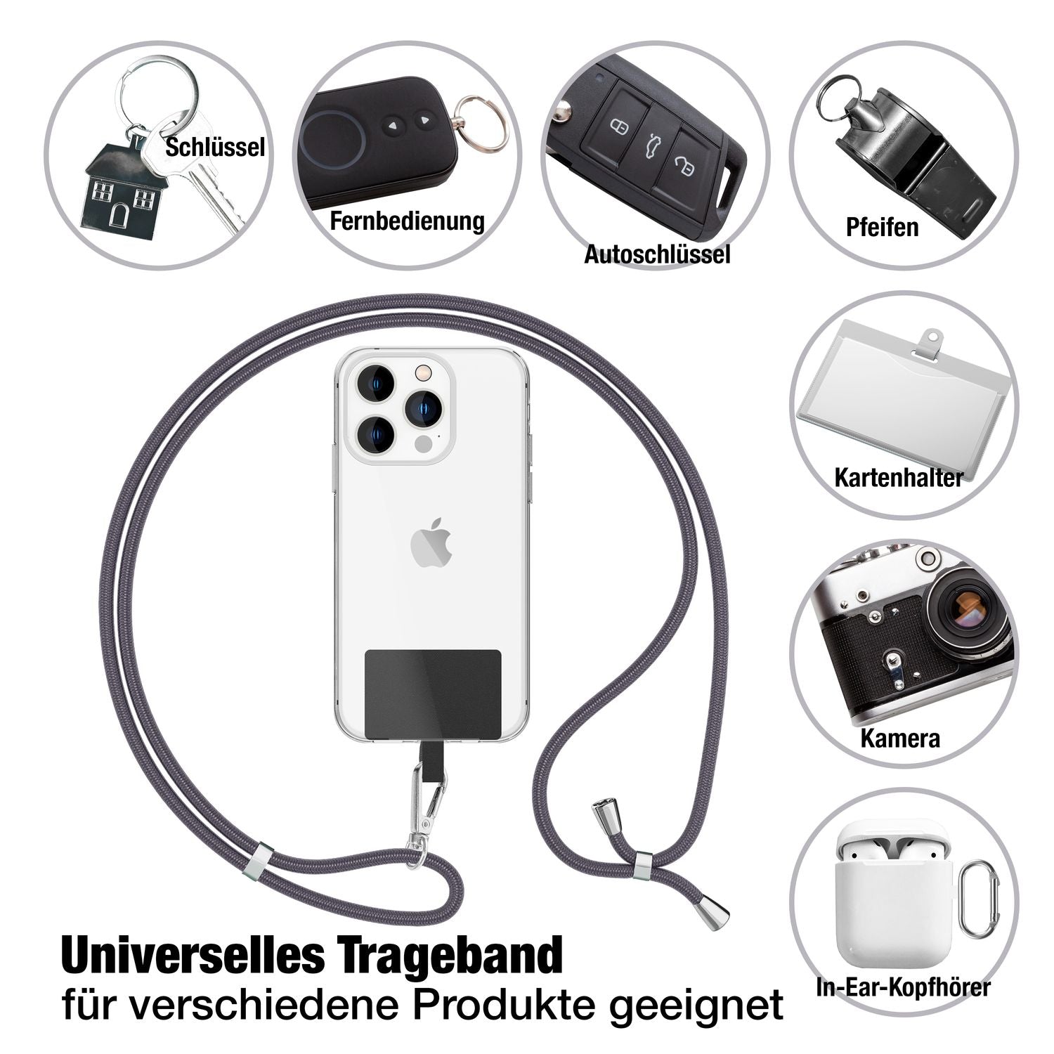 NALIA Universal-Kette mit Pad, Band für Handy-Hülle zum Umhängen, Karabinerhaken aus Metall (silber), Schlüsselband Umhängeband 160 CM, Crossbody Lanyard Dunkelgrau NALIA Universal Handykette