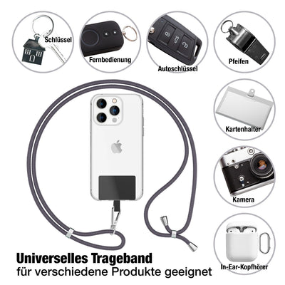NALIA Universal Handykette für alle Smartphones – Robuste Kordel & 2 Patches – HOLDME AIR (Klassisches Lanyard mit Silbernem Karabiner) – Marke aus Berlin Dunkelgrau NALIA Universal Handykette