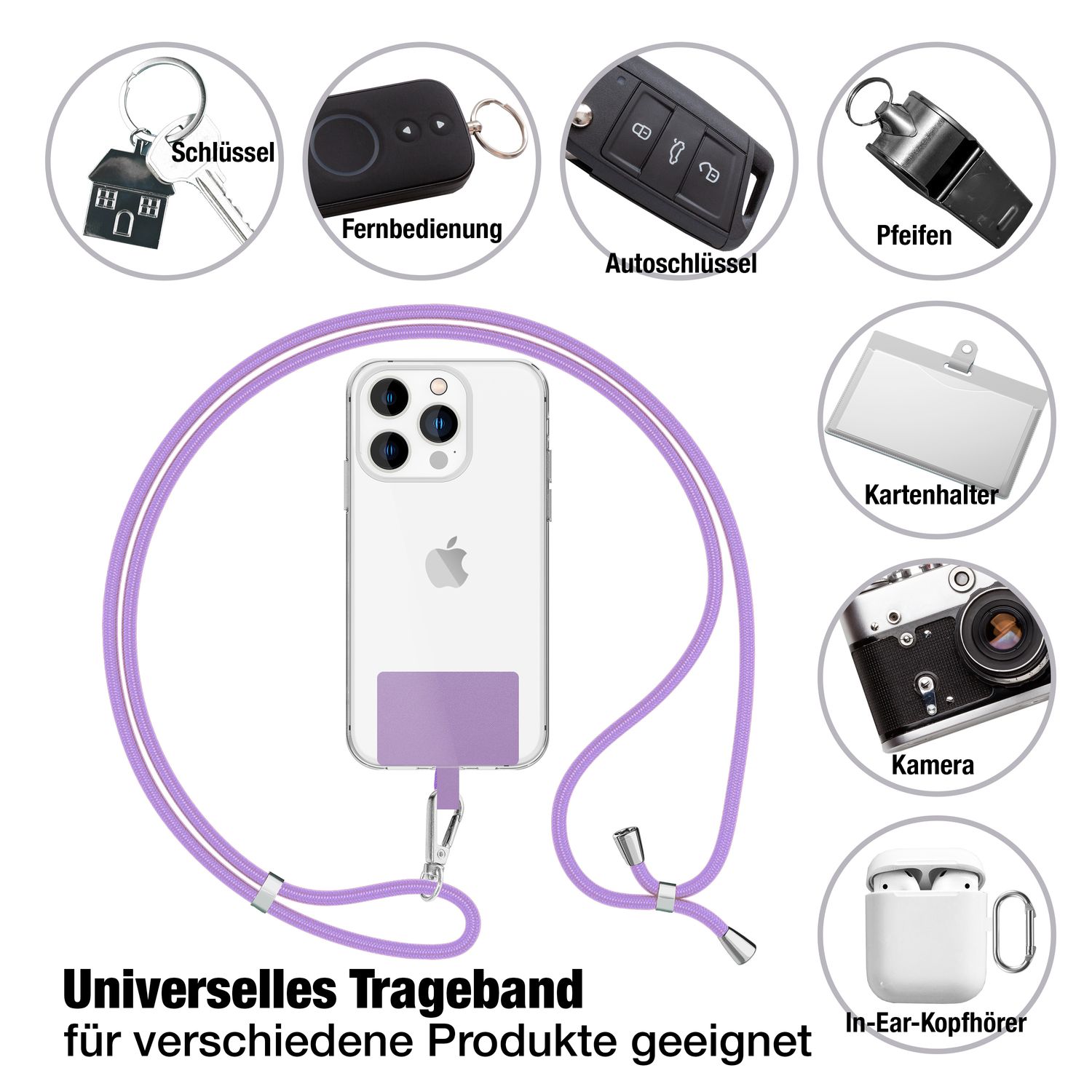 NALIA Universal-Kette mit Pad, Band für Handy-Hülle zum Umhängen, Karabinerhaken aus Metall (silber), Schlüsselband Umhängeband 160 CM, Crossbody Lanyard Lila NALIA Universal Handykette