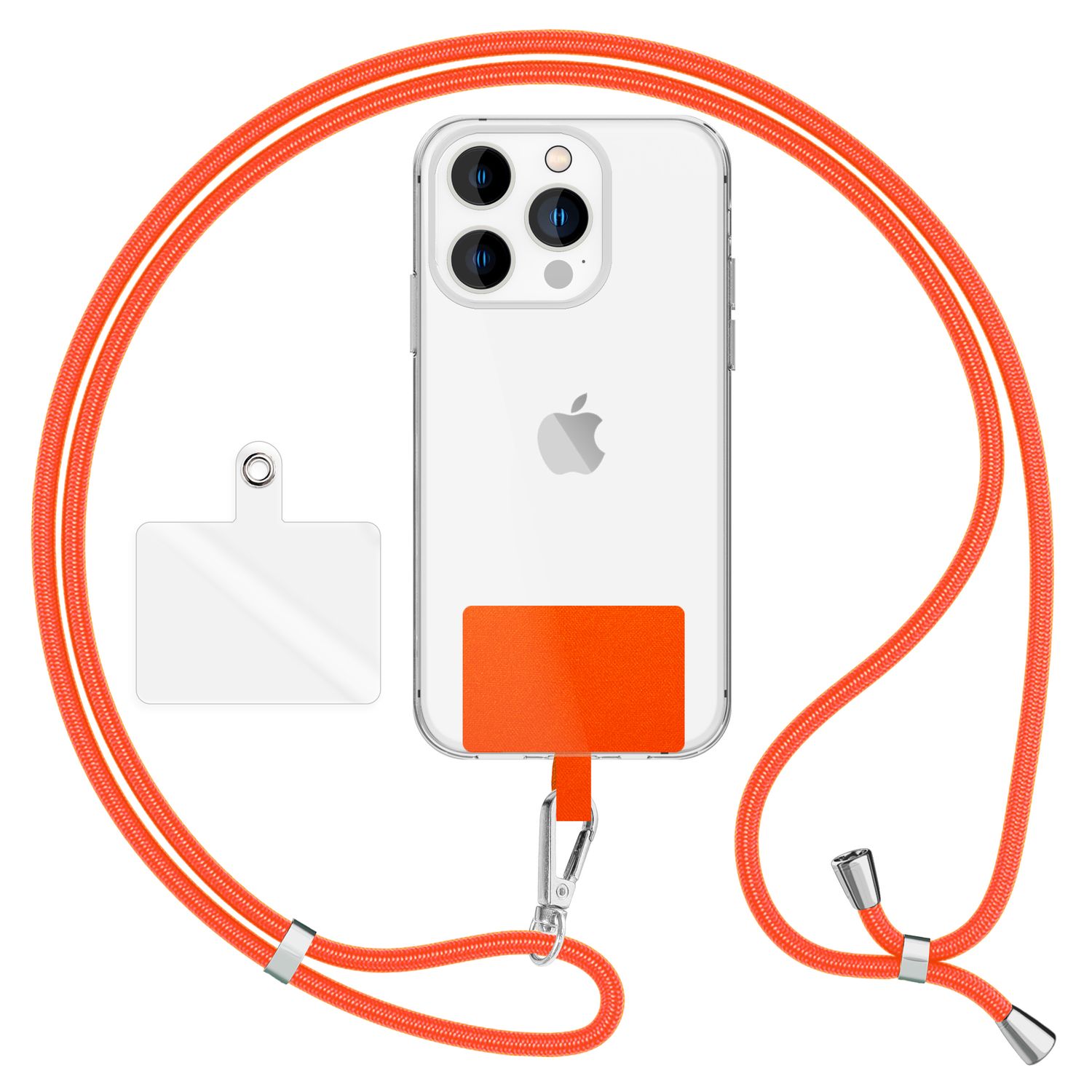 NALIA Universal-Kette mit Pad, Band für Handy-Hülle zum Umhängen, Karabinerhaken aus Metall (silber), Schlüsselband Umhängeband 160 CM, Crossbody Lanyard Orange NALIA Universal Handykette