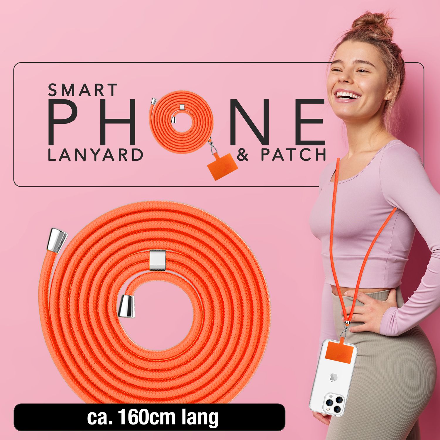 NALIA Universal-Kette mit Pad, Band für Handy-Hülle zum Umhängen, Karabinerhaken aus Metall (silber), Schlüsselband Umhängeband 160 CM, Crossbody Lanyard Orange NALIA Universal Handykette