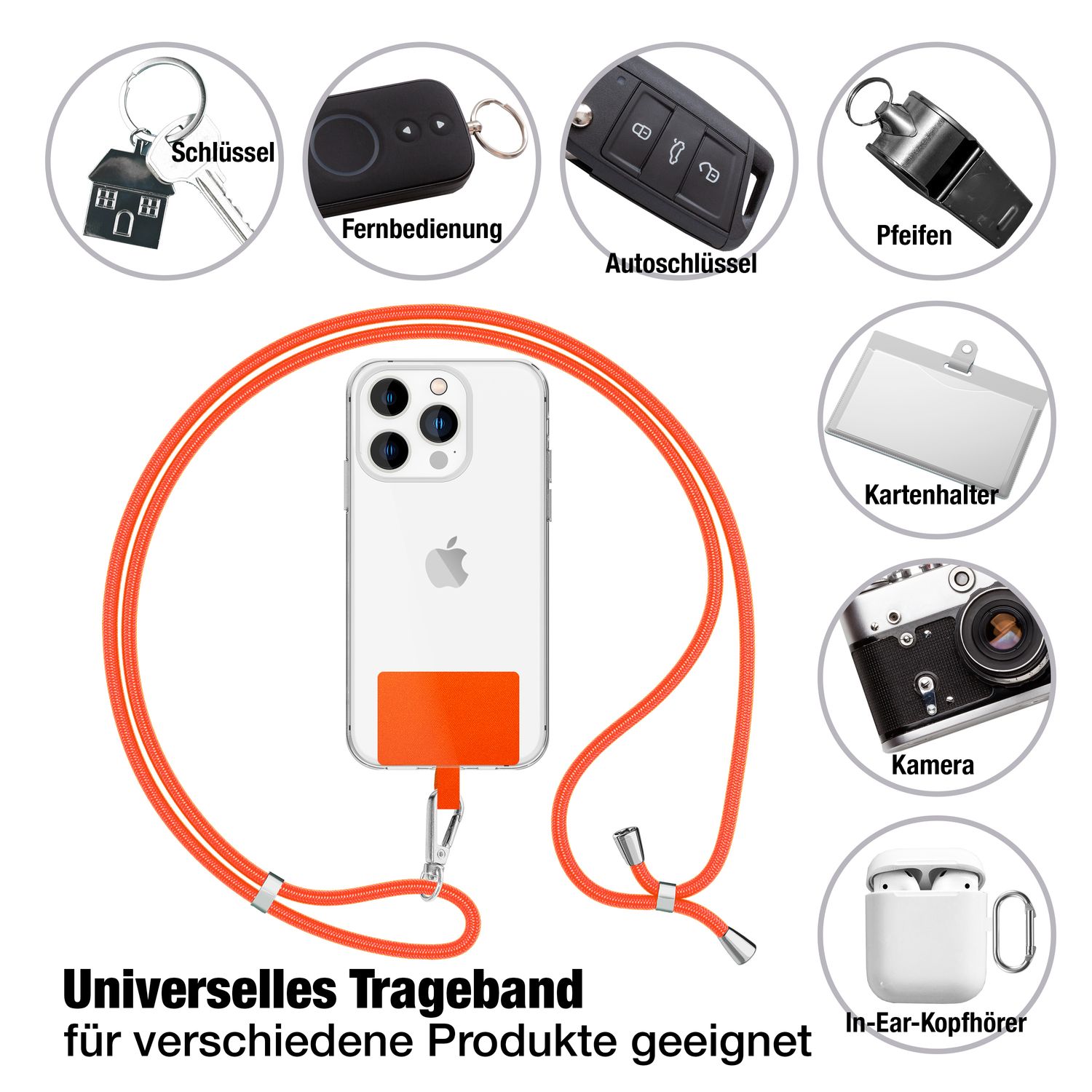 NALIA Universal-Kette mit Pad, Band für Handy-Hülle zum Umhängen, Karabinerhaken aus Metall (silber), Schlüsselband Umhängeband 160 CM, Crossbody Lanyard Orange NALIA Universal Handykette