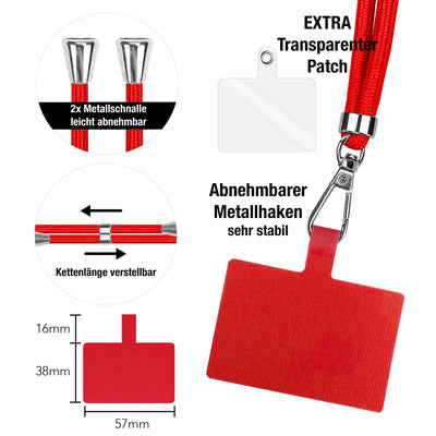 NALIA Universal Handykette für alle Smartphones – Robuste Kordel & 2 Patches – HOLDME AIR (Klassisches Lanyard mit Silbernem Karabiner) – Marke aus Berlin Rot NALIA Universal Handykette