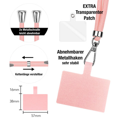 NALIA Universal Handykette für alle Smartphones – Robuste Kordel & 2 Patches – HOLDME AIR (Klassisches Lanyard mit Silbernem Karabiner) – Marke aus Berlin Pastell Rosa NALIA Universal Handykette