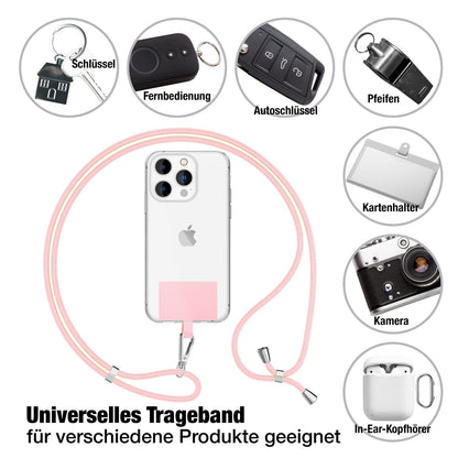 NALIA Universal-Kette mit Pad, Band für Handy-Hülle zum Umhängen, Karabinerhaken aus Metall (silber), Schlüsselband Umhängeband 160 CM, Crossbody Lanyard Pastell Rosa NALIA Universal Handykette