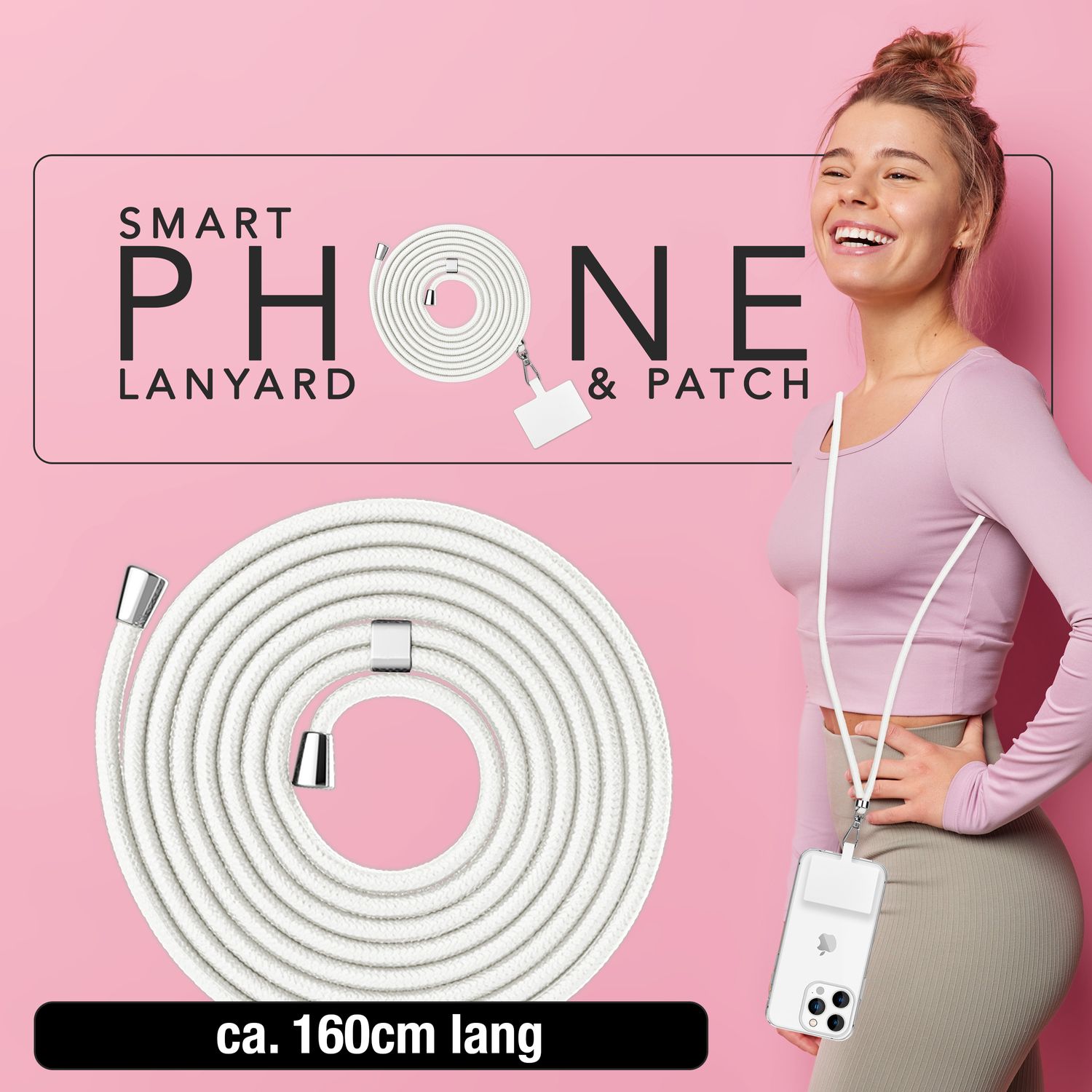 NALIA Universal-Kette mit Pad, Band für Handy-Hülle zum Umhängen, Karabinerhaken aus Metall (silber), Schlüsselband Umhängeband 160 CM, Crossbody Lanyard Weiß NALIA Universal Handykette