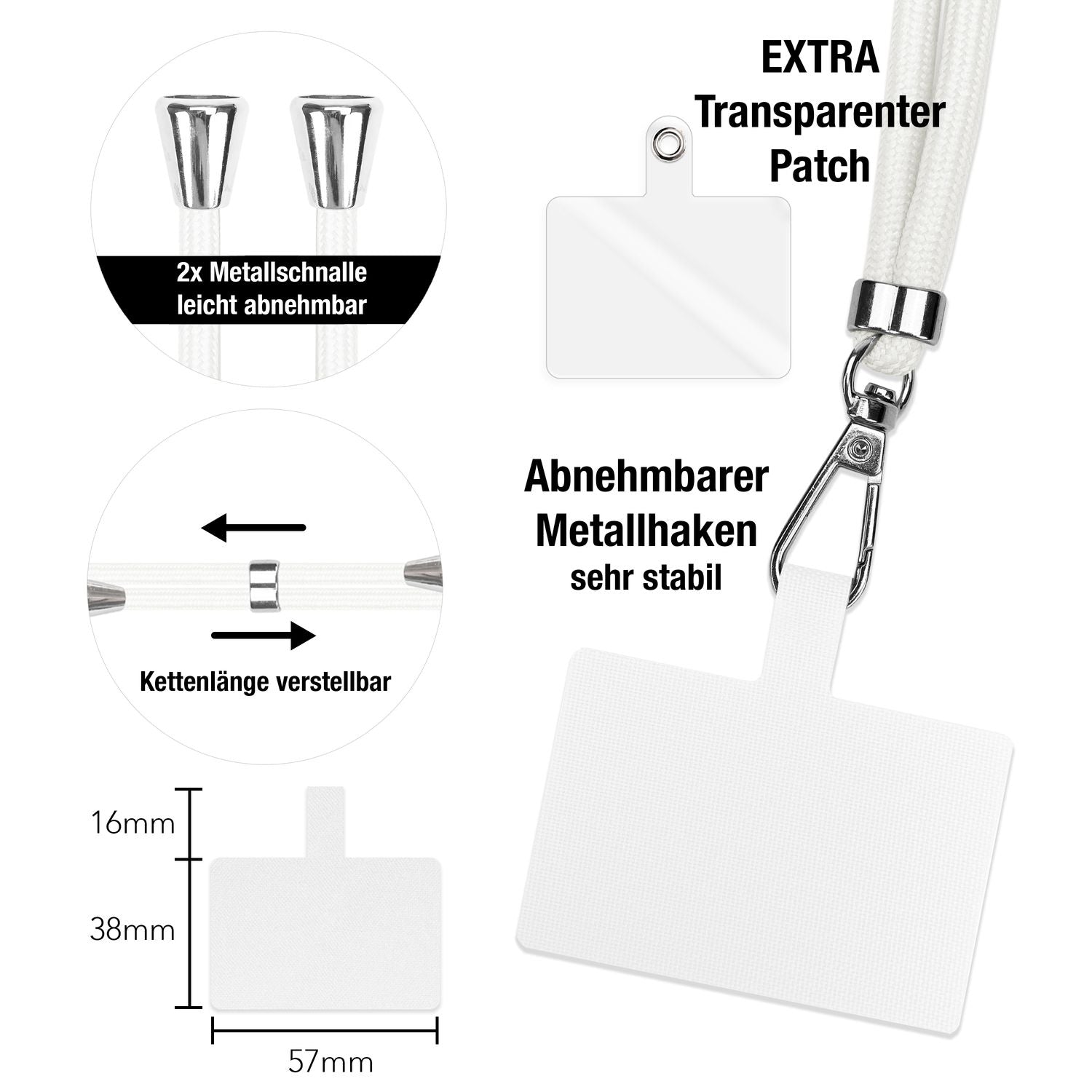 NALIA Universal-Kette mit Pad, Band für Handy-Hülle zum Umhängen, Karabinerhaken aus Metall (silber), Schlüsselband Umhängeband 160 CM, Crossbody Lanyard Weiß NALIA Universal Handykette