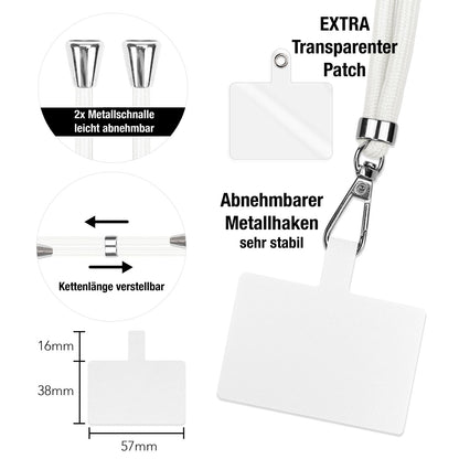 NALIA Universal-Kette mit Pad, Band für Handy-Hülle zum Umhängen, Karabinerhaken aus Metall (silber), Schlüsselband Umhängeband 160 CM, Crossbody Lanyard Weiß NALIA Universal Handykette
