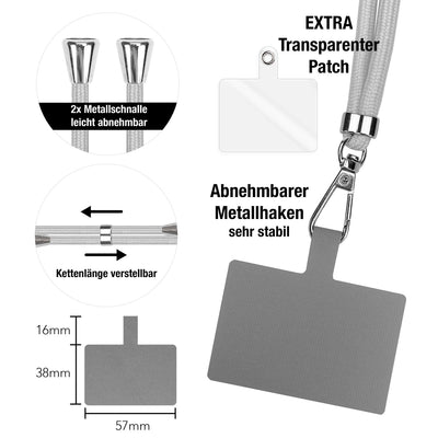 NALIA Universal Handykette für alle Smartphones – Robuste Kordel & 2 Patches – HOLDME AIR (Klassisches Lanyard mit Silbernem Karabiner) – Marke aus Berlin Hellgrau NALIA Universal Handykette