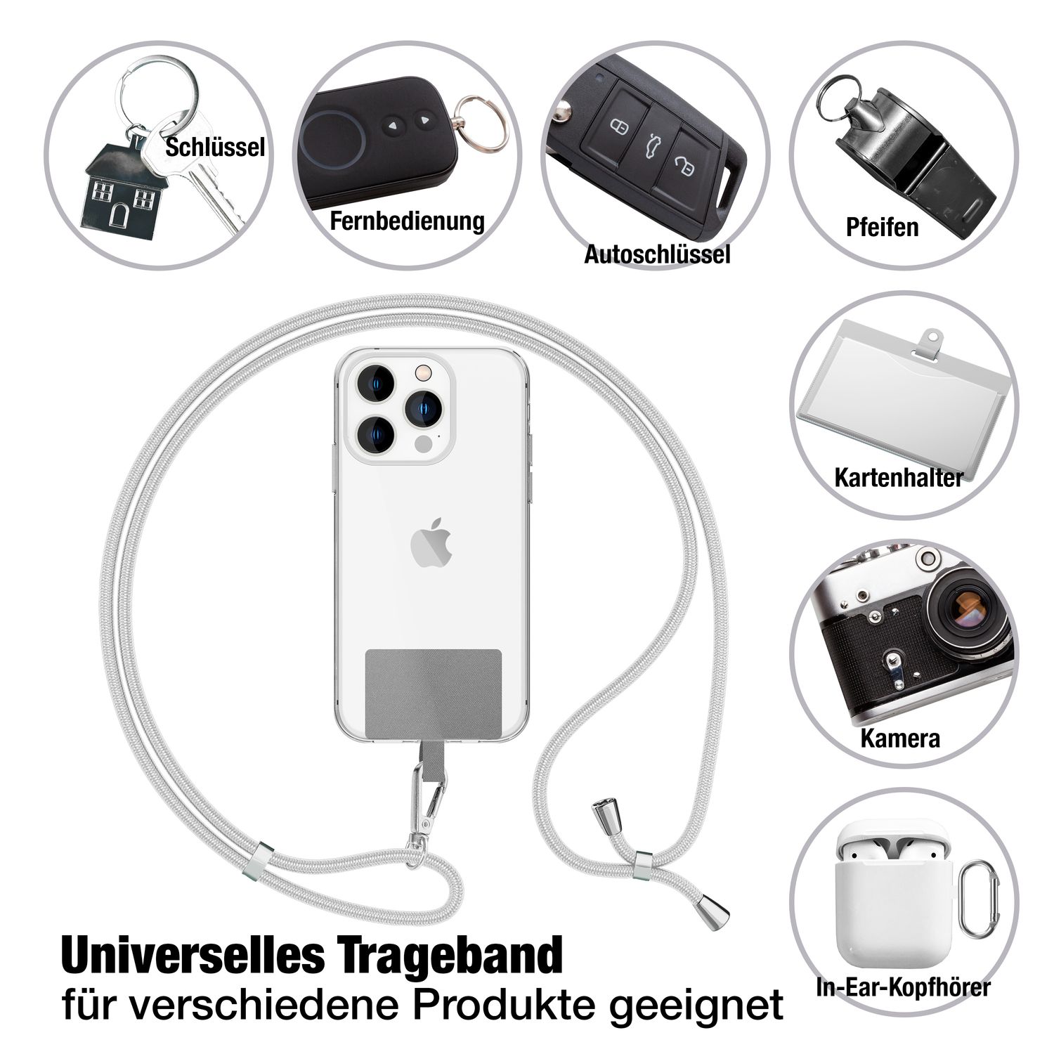 NALIA Universal-Kette mit Pad, Band für Handy-Hülle zum Umhängen, Karabinerhaken aus Metall (silber), Schlüsselband Umhängeband 160 CM, Crossbody Lanyard Hellgrau NALIA Universal Handykette