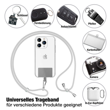 NALIA Universal-Kette mit Pad, Band für Handy-Hülle zum Umhängen, Karabinerhaken aus Metall (silber), Schlüsselband Umhängeband 160 CM, Crossbody Lanyard Hellgrau NALIA Universal Handykette