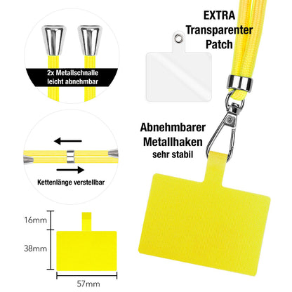 NALIA Universal-Kette mit Pad, Band für Handy-Hülle zum Umhängen, Karabinerhaken aus Metall (silber), Schlüsselband Umhängeband 160 CM, Crossbody Lanyard Gelb NALIA Universal Handykette