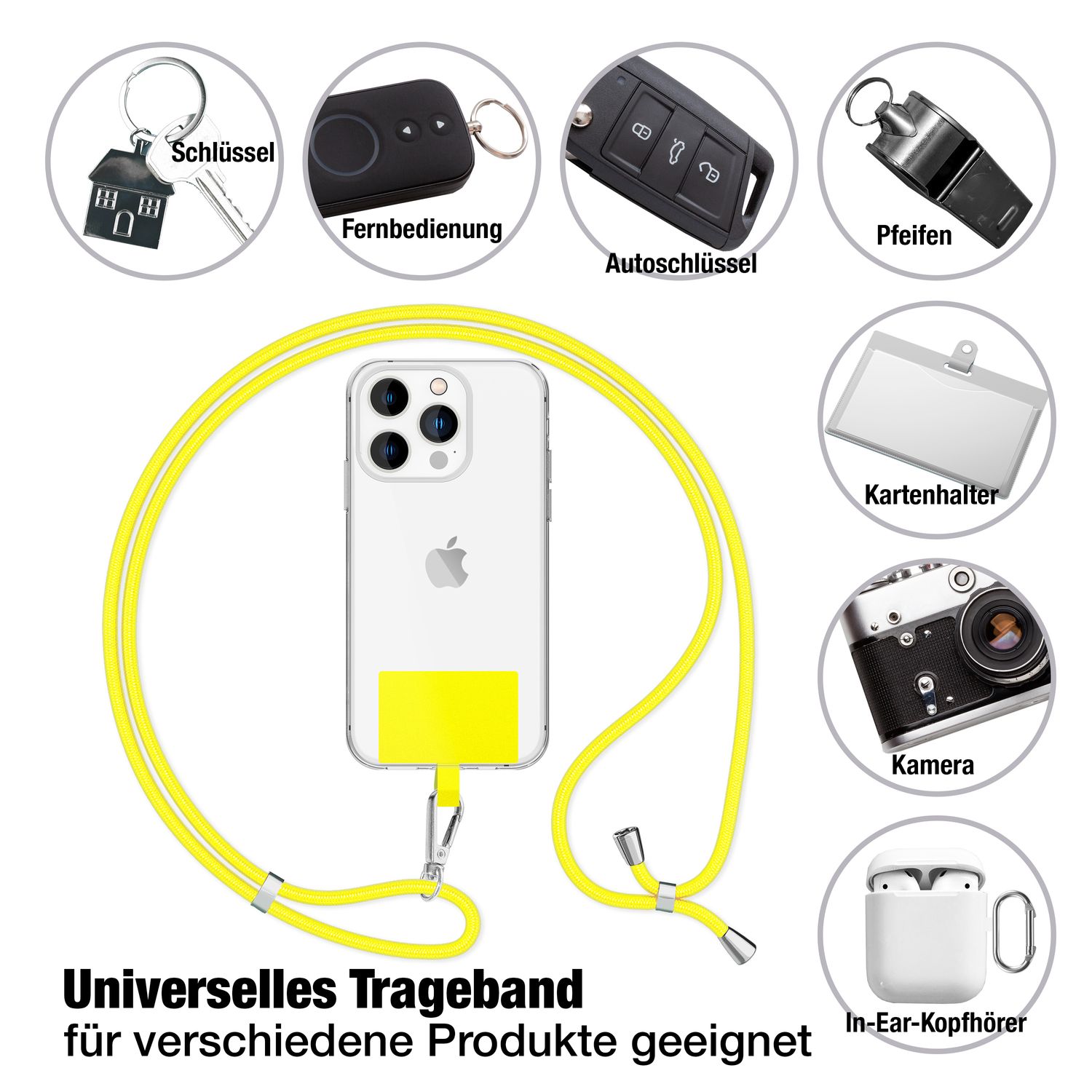 NALIA Universal-Kette mit Pad, Band für Handy-Hülle zum Umhängen, Karabinerhaken aus Metall (silber), Schlüsselband Umhängeband 160 CM, Crossbody Lanyard Gelb NALIA Universal Handykette