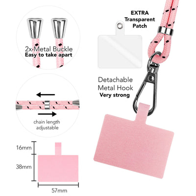 NALIA Bunte Universal-Kette mit Pad, Band für Handy-Hülle zum Umhängen, Karabinerhaken Anhänger Metall, Schlüsselband Umhängeband 160 CM, Crossbody Lanyard mit Schlaufe