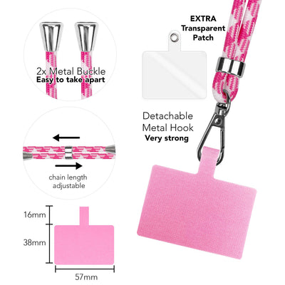 NALIA Bunte Universal-Kette mit Pad, Band für Handy-Hülle zum Umhängen, Karabinerhaken Anhänger Metall, Schlüsselband Umhängeband 160 CM, Crossbody Lanyard mit Schlaufe