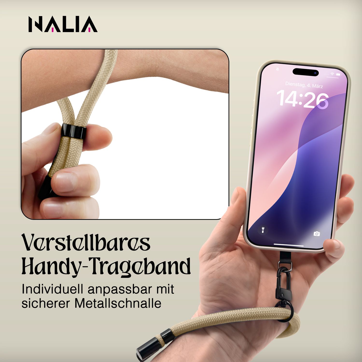NALIA Wristy Universal Lanyard Handy-Kette für Smartphone & Handyhüllen, Handgelenk-Schlaufe mit Metallkarabiner, Verstellbares Trageband, Anti-Diebstahl Handyband Beige Sandstone NALIA Universal Handykette