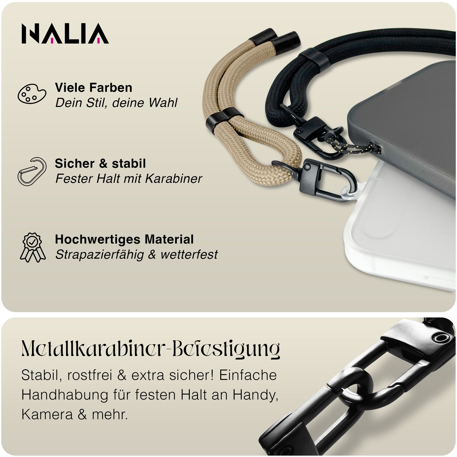 NALIA Wristy Universal Lanyard Handy-Kette für Smartphone & Handyhüllen, Handgelenk-Schlaufe mit Metallkarabiner, Verstellbares Trageband, Anti-Diebstahl Handyband Beige Sandstone NALIA Universal Handykette